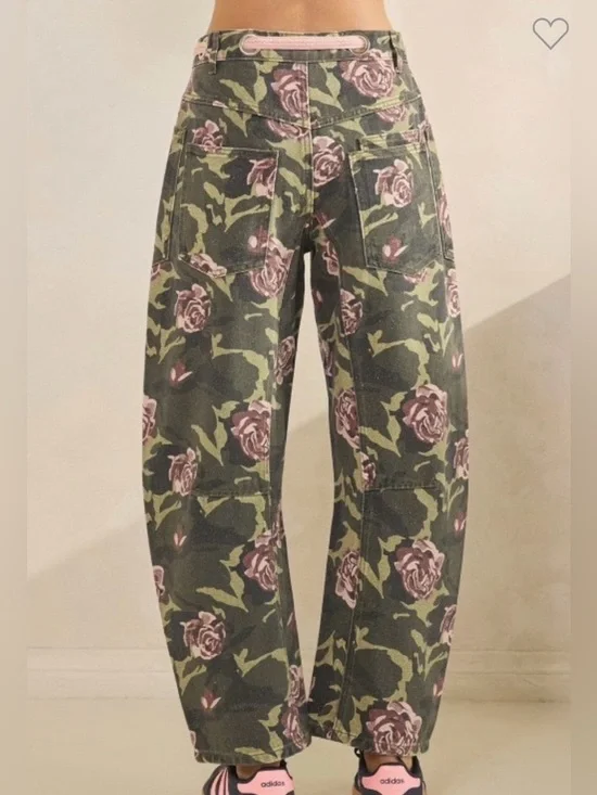 Floral Wide-Leg Barrel Pants or Jeans- Olive with Pink Roses - Picture 4 of 7